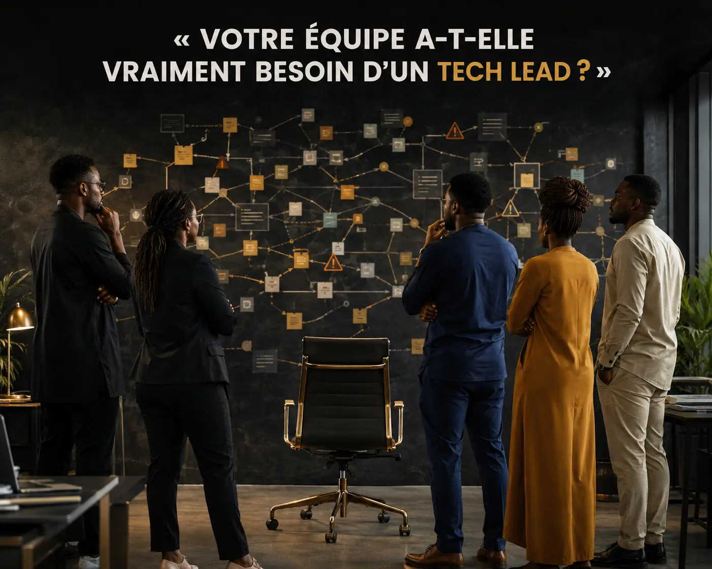 Illustration éditoriale : une équipe technique face à un schéma de décisions complexe et une chaise vide symbolisant le rôle de Tech Lead à définir.