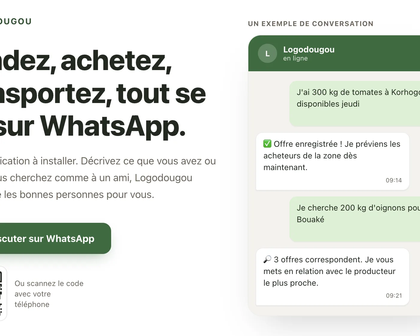 Illustration éditoriale de Logodougou, plateforme WhatsApp de coordination du commerce agricole ivoirien pilotée par l'IA.