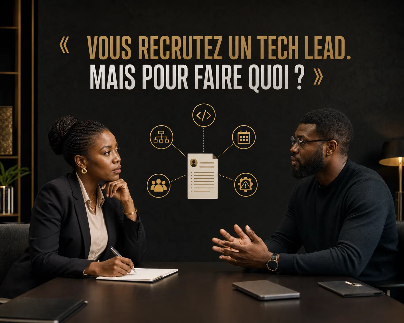 Illustration éditoriale : une fiche de poste de Tech Lead recouvrant plusieurs fonctions différentes.